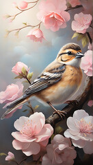 detailed and realistic painting of a small bird perched on a branch, surrounded by blossoming flowers