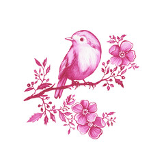 Cute pink robin bird sitting on a cherry branch in Toile de Jouy fabric style. Hand drawn monochrome watercolor painting illustration isolated on white background