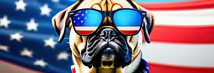 A dog from the USA wearing sunglasses. Glasses in the color of the American flag. close-up. banner.