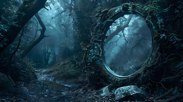 a magical mirror laying abandoned in a forest