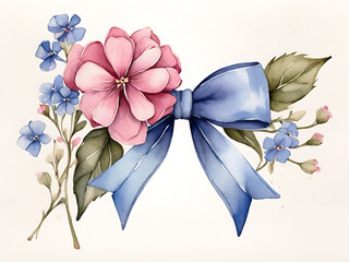 watercolor forget me not horizontal line with a pink bow, white background 
