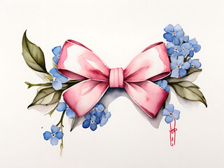 watercolor forget me not horizontal line with a pink bow, white background 