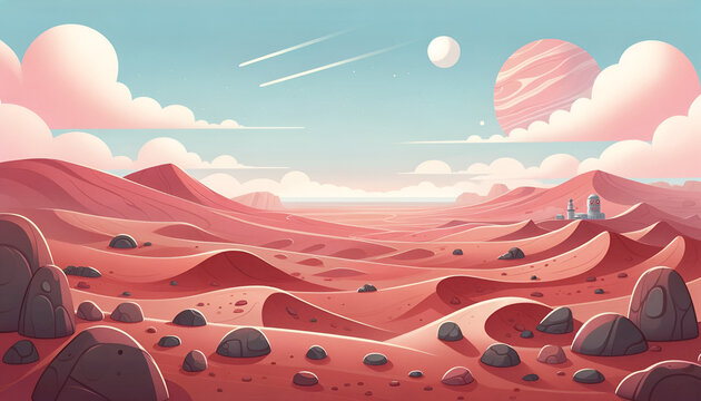 Red planet panorama with a cosmic glow, a captivating background for epic space fables and Martian chronicles.
Generative AI.