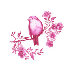 Cute pink robin bird sitting on a branch in Toile de Jouy fabric style. Hand drawn monochrome watercolor painting illustration isolated on white background