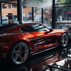View of the supercar in the gallery. Expensive red car at a car show. AI generated.