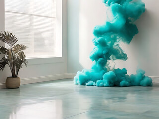 White background white floor with blue smoke