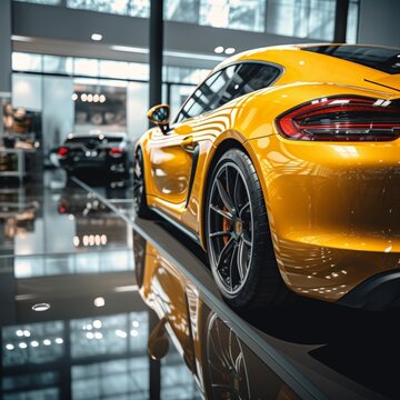 Yellow sports car in a parking photo shoot, Super car in the showroom. AI generated.