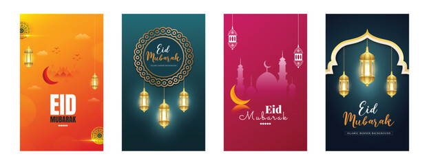 Eid Mubarak wishes or greeting insta story post design with yellow orange or pink and green teal color background or golden lantern and mosque social media Instagram poster design vector illustration - obrazy, fototapety, plakaty