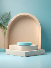 Brown natural podium product display platform 3d background abstract shadow light concept on cosmetic scene presentation stage mockup or empty beige stone pedestal beauty advertising stand backdrop.
