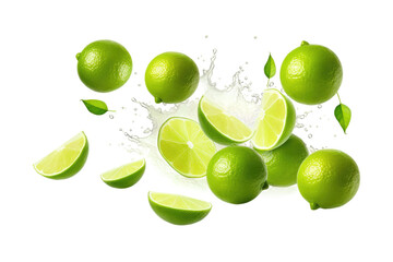 Fresh limes drop into water creating a captivating visual effect. on a White or Clear Surface PNG Transparent Background.