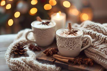 Two mugs of hot drinks by the fireplace, coffee, hot chocolate, tea, cosy winter day