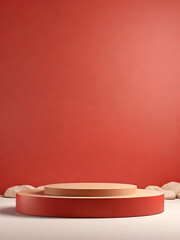 red natural podium product display platform 3d background abstract shadow light concept on cosmetic scene presentation stage mockup or empty red stone pedestal beauty advertising stand backdrop.