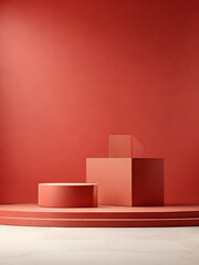 red natural podium product display platform 3d background abstract shadow light concept on cosmetic scene presentation stage mockup or empty red stone pedestal beauty advertising stand backdrop.