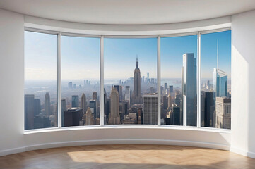 Fototapeta na wymiar Interior skyscrapers view cityscape mockup of a blank room with a white wall during the day. Skyline view from a high-rise window. A gorgeous real estate with a view.