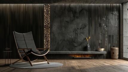Wall mockup on living room wooden floor. modern home interior with fireplace, 3d render. Generative Ai