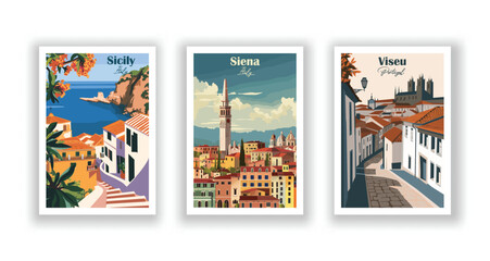 Sicily, Italy. Siena, Italy. Viseu, Portugal - Vintage travel poster. High quality prints - obrazy, fototapety, plakaty