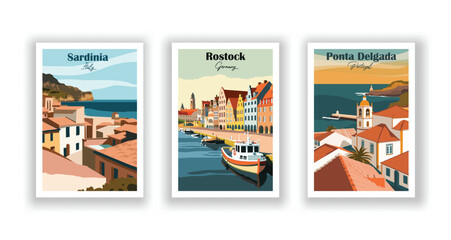 Fototapeta na wymiar Ponta Delgada, Portugal. Rostock, Germany. Sardinia, Italy - Vintage travel poster. High quality prints