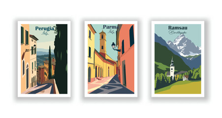Parma, Italy. Perugia, Italy. Ramsau, Berchtesgaden - Vintage travel poster. High quality prints