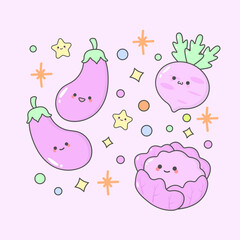 vegetable eggplant turnip iceberg lettuce with cute facial expressions and pastel colour