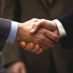 Two businessmen in suits shake hands. Make a deal. Close-up shooting