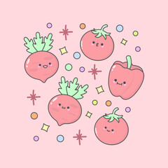vegetable bellpepper tomato beet root with cute facial expressions and pastel colour