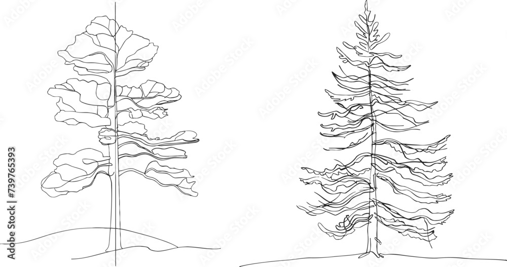 Wall mural pine tree continuous line drawing art - Wall murals