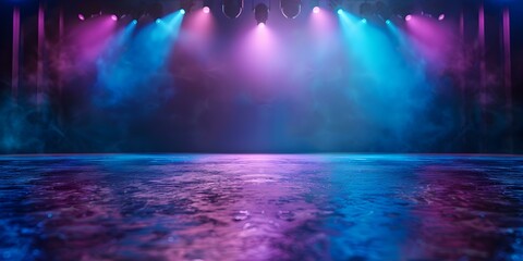 A Dimly Lit Stage Set with Minimalist Blue and Purple Background. Concept Theater Photography, Stage Lighting, Minimalist Set Design, Color Palette, Ambiance