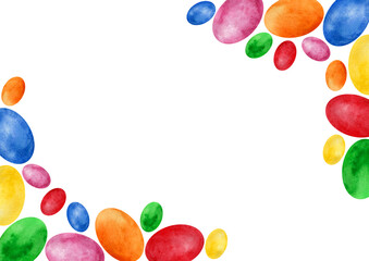 Frame of multicolored ellipses of different sizes. Located in the upper right corner and lower left. White copy space. Ovals go beyond background. Watercolor. Red, orange, yellow, purple, blue, green.