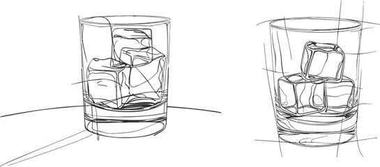 Continuous one line drawing of whiskey in glass with ice cubes