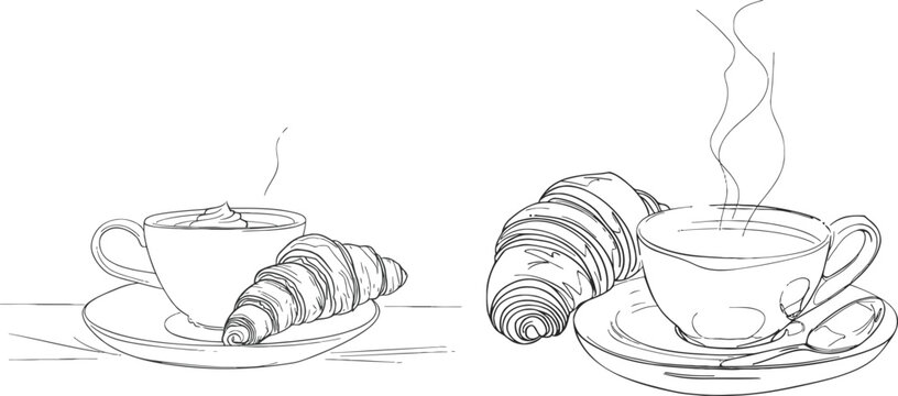 Croissant and coffee drawn in one line style