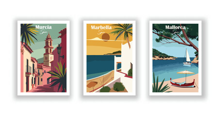 Mallorca, Spain. Marbella, Spain. Murcia, Spain - Vintage travel poster. High quality prints