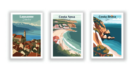 Costa Brava, Spain. Lausanne, Switzerland. Costa Nova, Portugal - Vintage travel poster. High quality prints