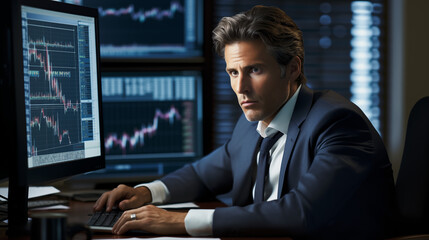 
A businessman sits at his desk, intently checking stock market data on his computer screen. With a focused expression, he analyzes the fluctuations in stock prices and market trends,