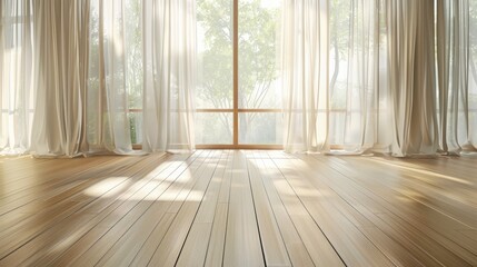 Minimalist Empty Yoga Studio with Bamboo Floors and Soft Natural Light - Peaceful Zen Tranquil...