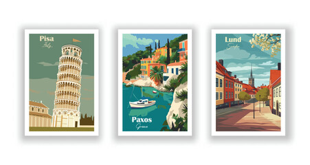 Lund, Sweden. Paxos, Greece. Pisa, Italy - Vintage travel poster. High quality prints
