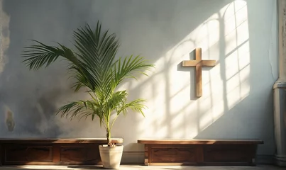 Selbstklebende Fototapeten A wooden Christian cross hangs on the wall in the church and is illuminated by the sun. Palm Sunday. © Honey Bear