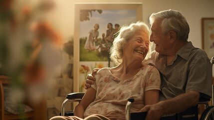 
A cheerful elderly woman, wearing a floral-print dress, tenderly embraces a senior man in a wheelchair in a brightly lit nursing home room, surrounded by framed family photos on the wall,
