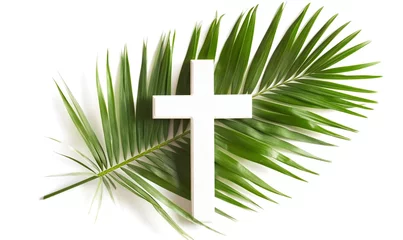 Poster Christian white cross on a palm branch on a white background. © Honey Bear