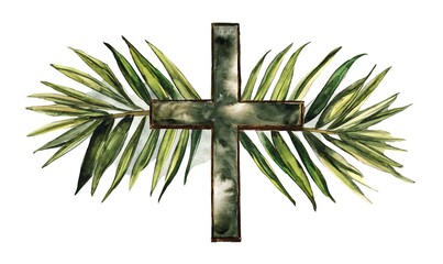 Watercolor Christian cross and palm branches on a white background. Palm Sunday. - obrazy, fototapety, plakaty