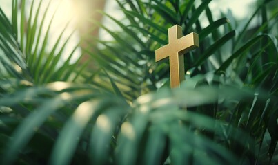 Golden cross among palm branches. Christianity. Palm Sunday. Faith and religion. - obrazy, fototapety, plakaty