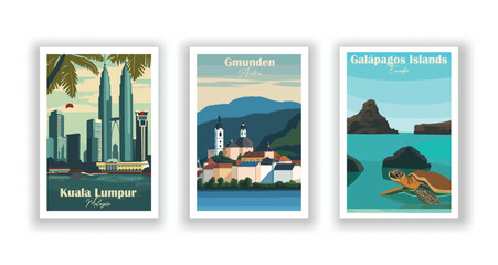 Galápagos Islands, Ecuador. Gmunden, Austria. Kuala Lumpur, Malaysia - Vintage travel poster. High quality prints