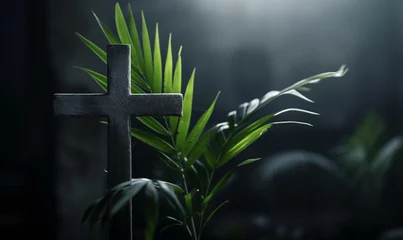 Gordijnen Stone Christian cross with palm branches in the dark. © Honey Bear