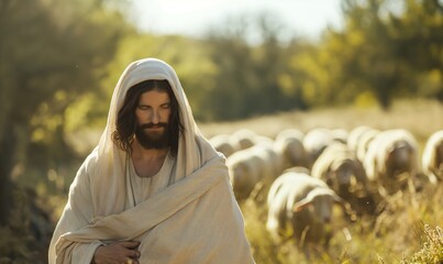 Jesus Christ tends sheep and walks through the field. - obrazy, fototapety, plakaty