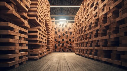 Storehouse with piles of wooden boxes up to the ceiling Warehouse logistics and transportation
