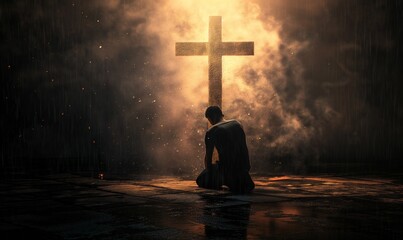 Illustration of a man praying in front of a cross.