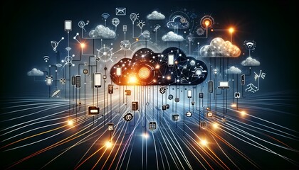 Concepto de computación en la nube, que muestra símbolos de carga y almacenamiento de archivos, que representan la automatización empresarial, la transformación digital y las soluciones modernas de gestión de datos.
