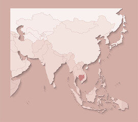 Vector illustration with asian areas with borders of states and marked country Cambodia. Political map in brown colors with regions. Beige background