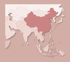Vector illustration with asian areas with borders of states and marked country China. Political map in brown colors with regions. Beige background