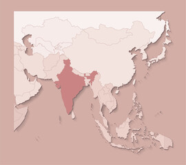 Vector illustration with asian areas with borders of states and marked country India; Political map in brown colors with regions. Beige background