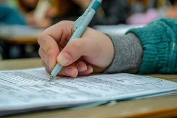 Student Taking Notes in Classroom Setting. Close-up of a student's hand writing detailed notes during a focused classroom lecture session.